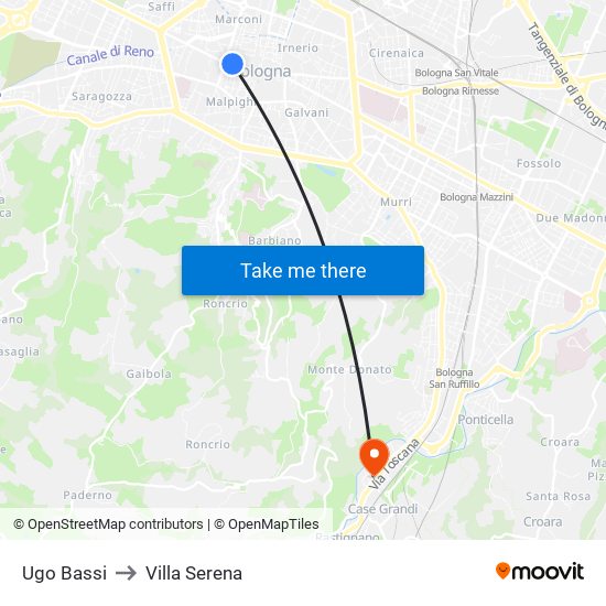 Ugo Bassi to Villa Serena map