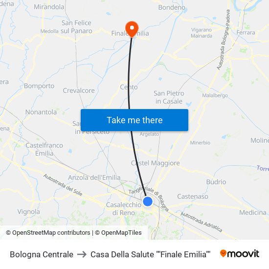 Bologna Centrale to Casa Della Salute ""Finale Emilia"" map
