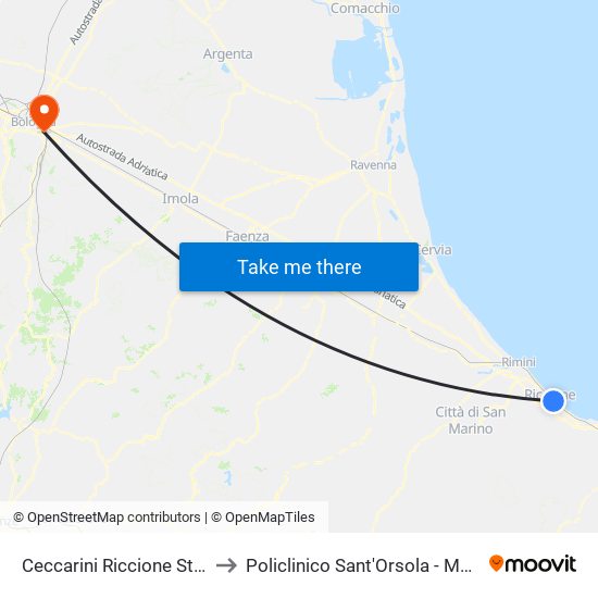 Ceccarini Riccione Station to Policlinico Sant'Orsola - Malpighi map