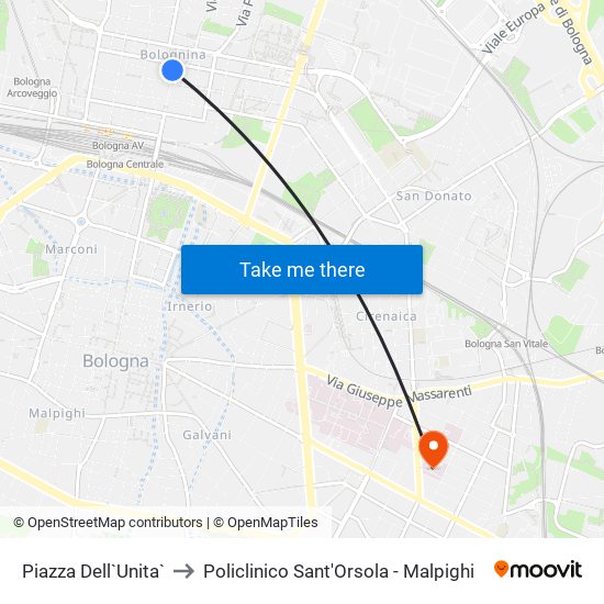Piazza Dell`Unita` to Policlinico Sant'Orsola - Malpighi map