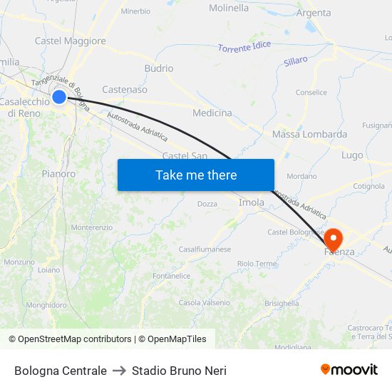 Bologna Centrale to Stadio Bruno Neri map