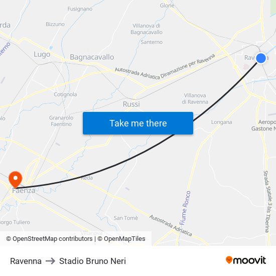 Ravenna to Stadio Bruno Neri map