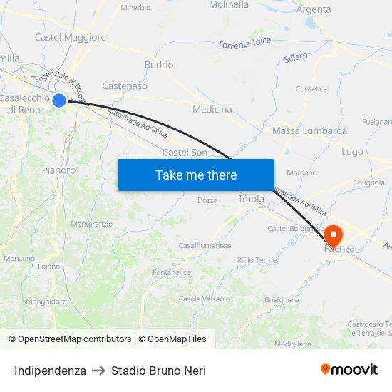 Indipendenza to Stadio Bruno Neri map