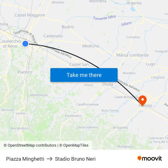 Piazza Minghetti to Stadio Bruno Neri map