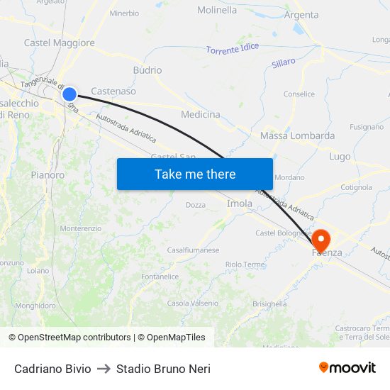 Cadriano Bivio to Stadio Bruno Neri map