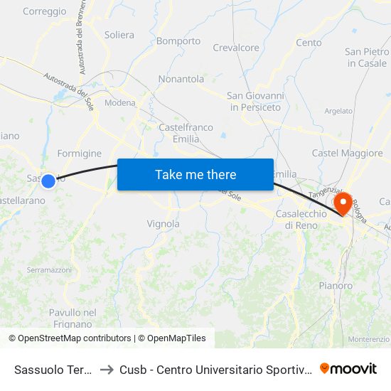 Sassuolo Terminal to Cusb - Centro Universitario Sportivo Bologna map