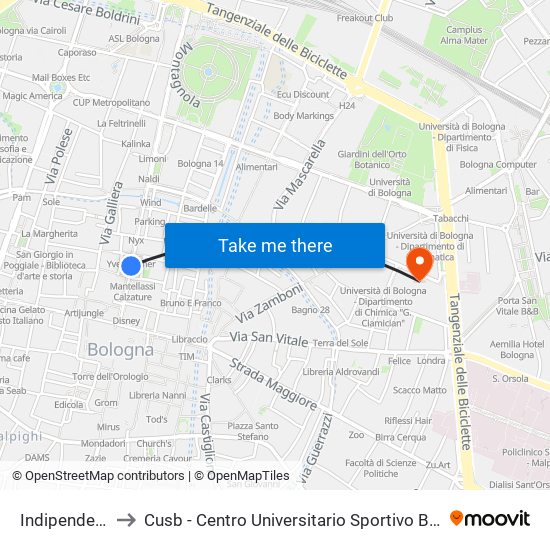 Indipendenza to Cusb - Centro Universitario Sportivo Bologna map