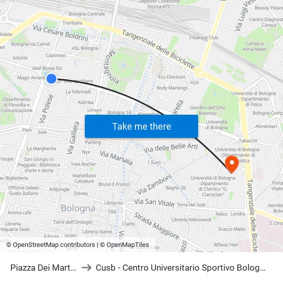 Piazza Dei Martiri to Cusb - Centro Universitario Sportivo Bologna map