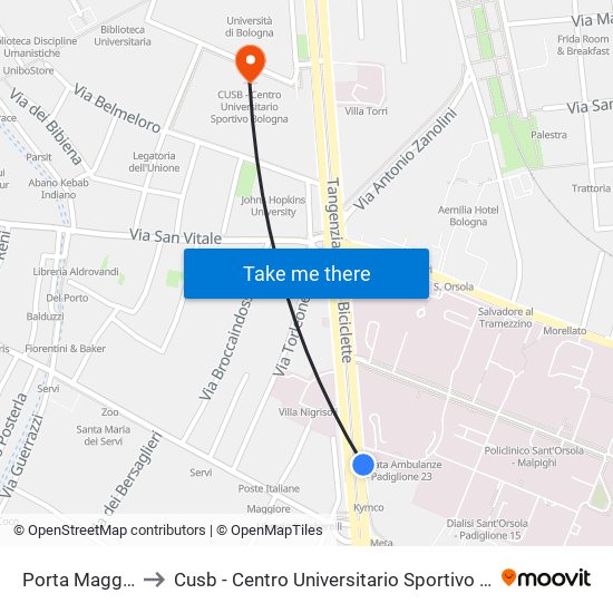Porta Maggiore to Cusb - Centro Universitario Sportivo Bologna map