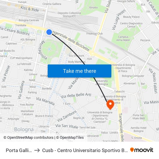 Porta Galliera to Cusb - Centro Universitario Sportivo Bologna map