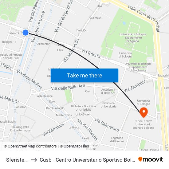 Sferisterio to Cusb - Centro Universitario Sportivo Bologna map