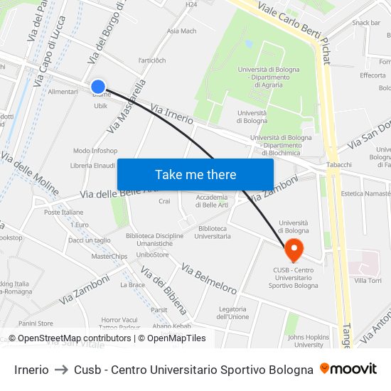 Irnerio to Cusb - Centro Universitario Sportivo Bologna map