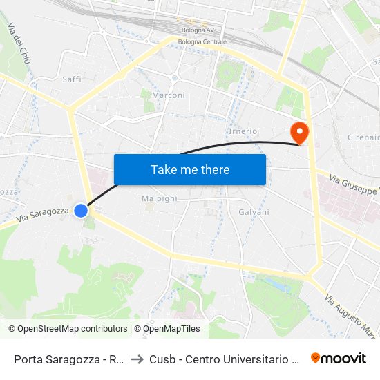 Porta Saragozza - Risorgimento to Cusb - Centro Universitario Sportivo Bologna map