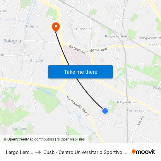 Largo Lercaro to Cusb - Centro Universitario Sportivo Bologna map