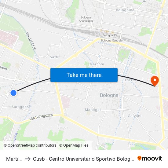 Martini to Cusb - Centro Universitario Sportivo Bologna map