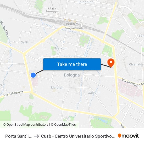 Porta Sant`Isaia to Cusb - Centro Universitario Sportivo Bologna map