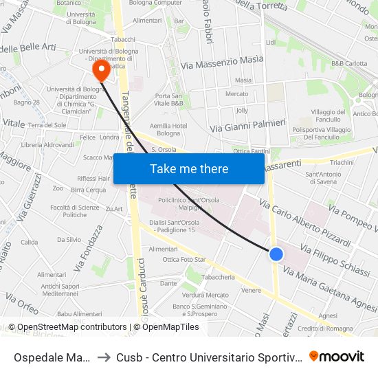 Ospedale Malpighi to Cusb - Centro Universitario Sportivo Bologna map