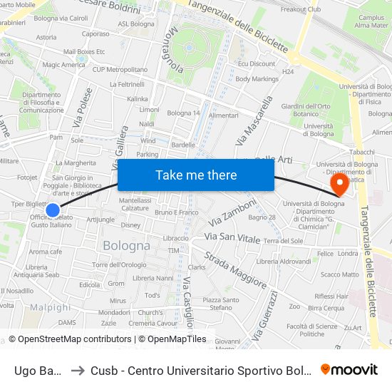 Ugo Bassi to Cusb - Centro Universitario Sportivo Bologna map