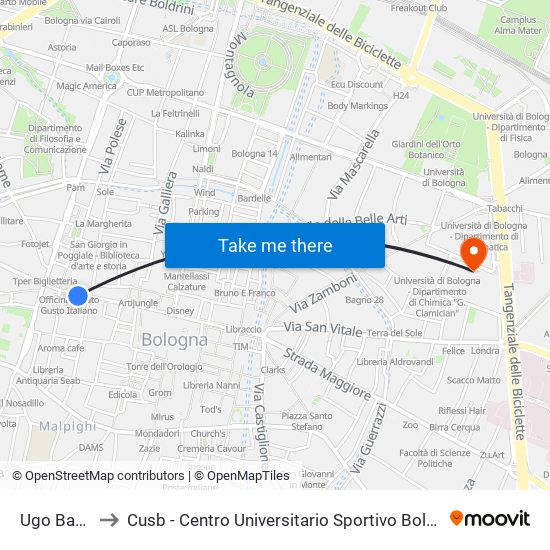 Ugo Bassi to Cusb - Centro Universitario Sportivo Bologna map