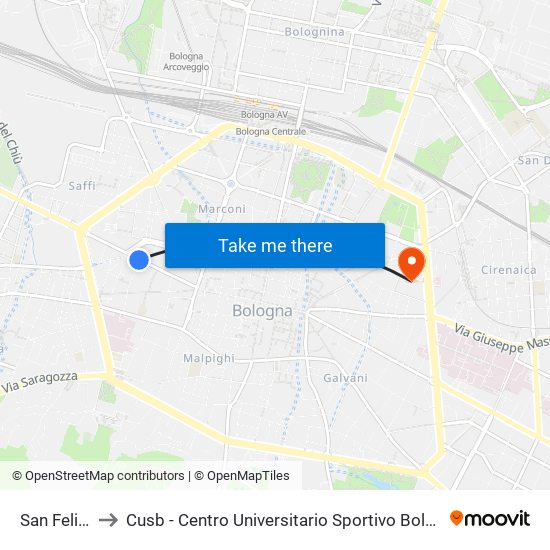 San Felice to Cusb - Centro Universitario Sportivo Bologna map