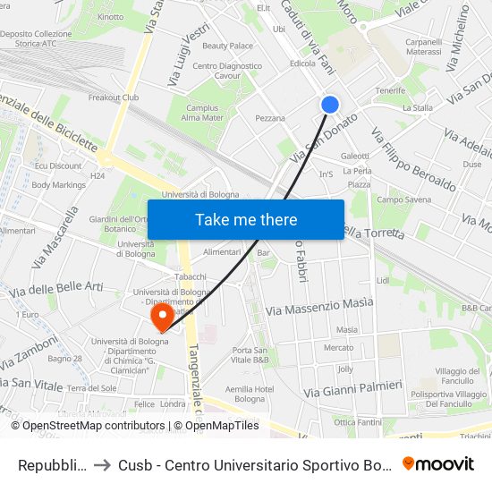 Repubblica to Cusb - Centro Universitario Sportivo Bologna map