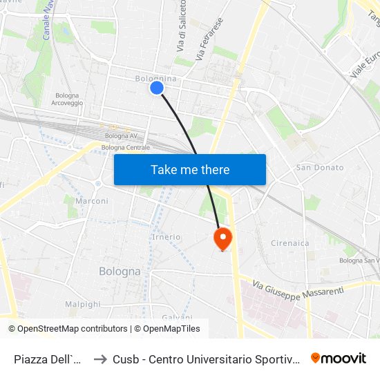 Piazza Dell`Unita` to Cusb - Centro Universitario Sportivo Bologna map