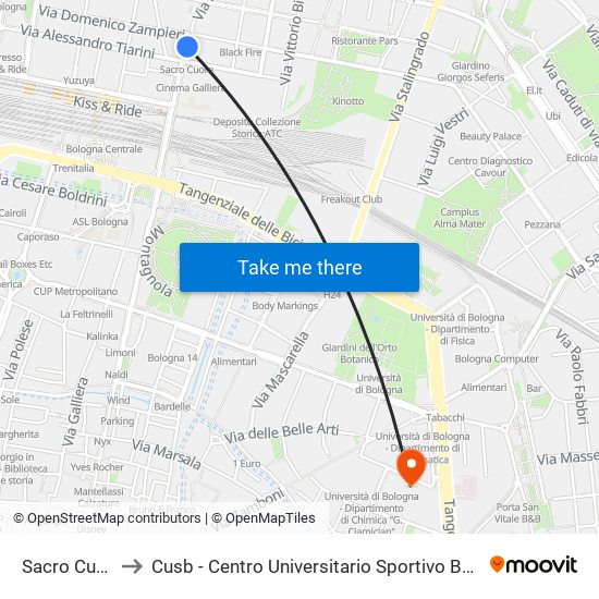 Sacro Cuore to Cusb - Centro Universitario Sportivo Bologna map