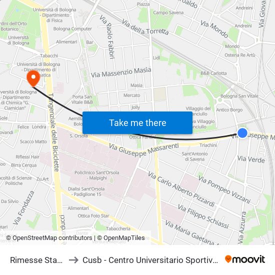 Rimesse Stazione to Cusb - Centro Universitario Sportivo Bologna map