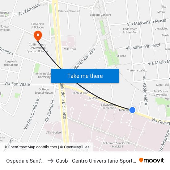 Ospedale Sant'Orsola to Cusb - Centro Universitario Sportivo Bologna map