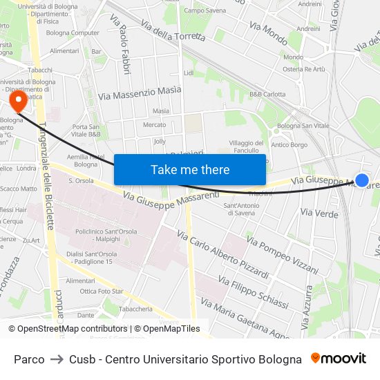 Parco to Cusb - Centro Universitario Sportivo Bologna map