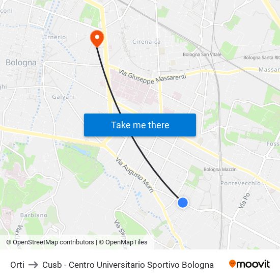 Orti to Cusb - Centro Universitario Sportivo Bologna map