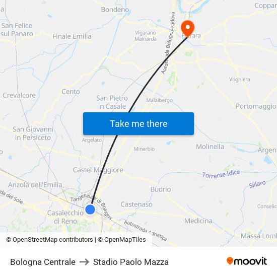 Bologna Centrale to Stadio Paolo Mazza map