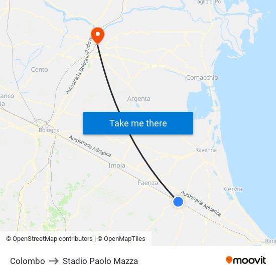 Colombo to Stadio Paolo Mazza map