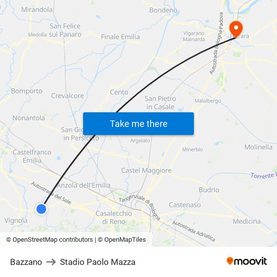 Bazzano to Stadio Paolo Mazza map
