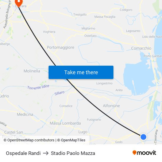 Ospedale Randi to Stadio Paolo Mazza map