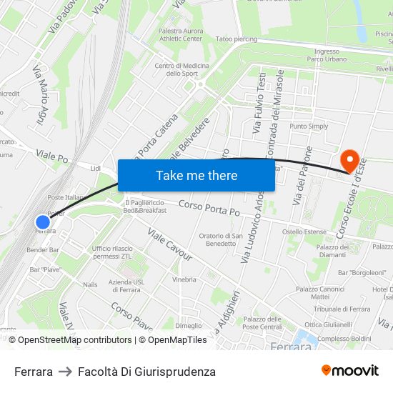 Ferrara to Facoltà Di Giurisprudenza map