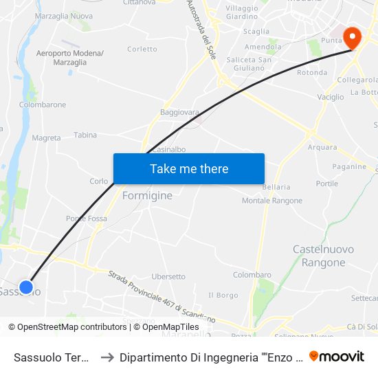 Sassuolo Terminal to Dipartimento Di Ingegneria ""Enzo Ferrari"" map