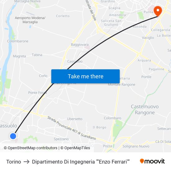 Torino to Dipartimento Di Ingegneria ""Enzo Ferrari"" map