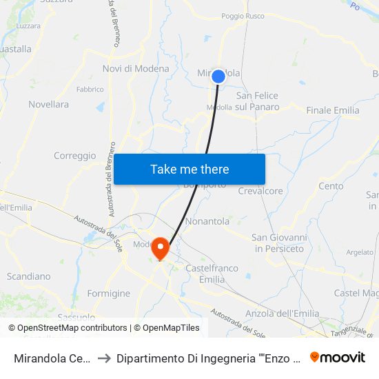 Mirandola Centro to Dipartimento Di Ingegneria ""Enzo Ferrari"" map
