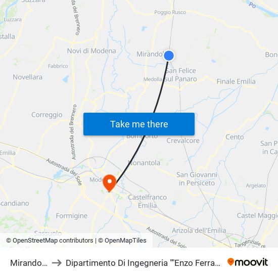 Mirandola to Dipartimento Di Ingegneria ""Enzo Ferrari"" map