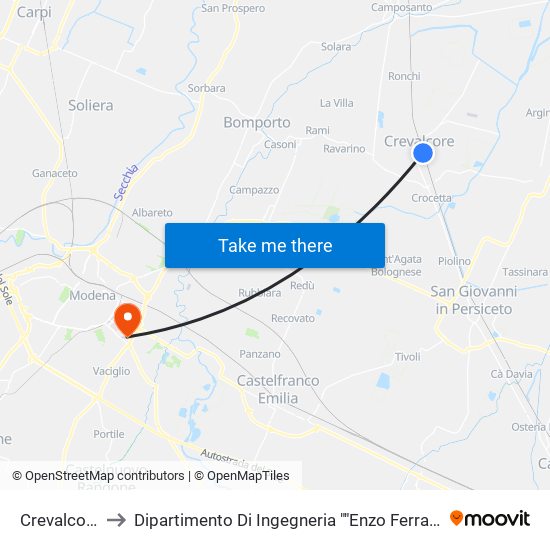 Crevalcore to Dipartimento Di Ingegneria ""Enzo Ferrari"" map