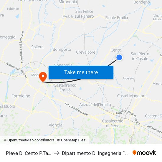 Pieve Di Cento P.Ta Bologna to Dipartimento Di Ingegneria ""Enzo Ferrari"" map
