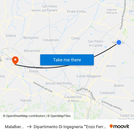 Malalbergo to Dipartimento Di Ingegneria ""Enzo Ferrari"" map