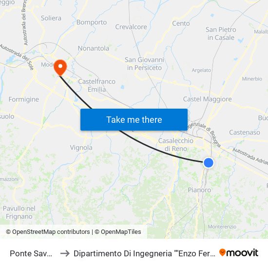 Ponte Savena to Dipartimento Di Ingegneria ""Enzo Ferrari"" map