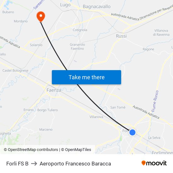 Forli FS B to Aeroporto Francesco Baracca map