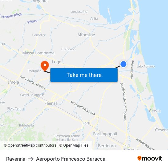 Ravenna to Aeroporto Francesco Baracca map