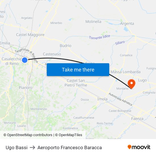 Ugo Bassi to Aeroporto Francesco Baracca map