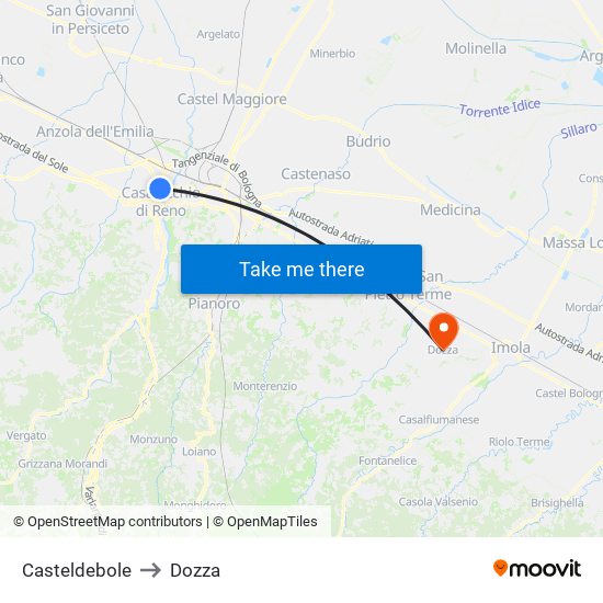 Casteldebole to Dozza map