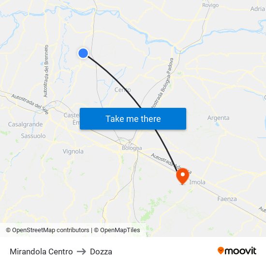 Mirandola Centro to Dozza map