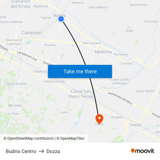 Budrio Centro to Dozza map